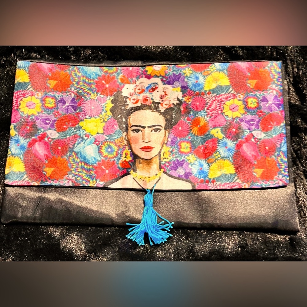 Frida Kahlo Design Black Satin Clutch Bag with Tassel